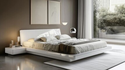 Poster - A spacious bedroom showcases a modern white bed with soft bedding, illuminated by natural light pouring through large windows. The sleek decor includes minimal furnishings and lush greenery outside.