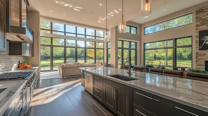 Canvas Print - Modern kitchen design with large windows allowing natural light in during the afternoon hours, showcasing a spacious layout and elegant decor 
