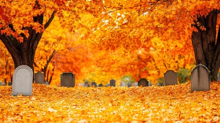 Autumn cemetery scene with colorful leaves and gravestones, peaceful ambiance