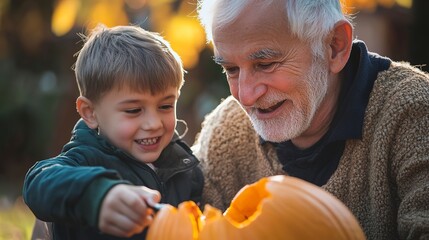 Poster - Happy elderly man carving pumpkin with his grandson in his garden on a sunny autumn day 