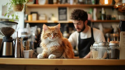 Poster - Furry family members allowed in cafe. Pet-friendly hotel for cat lovers. Cat and barista portrait 