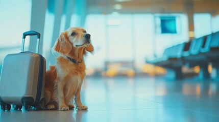 Sticker - Dog traveler with luggage case in airport.  