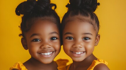 Poster - Close up portrait of two cute african american little girls smiling and looking at camera isolated on yellow background. Happy siblings day  