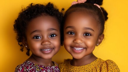 Sticker - Close up portrait of two cute african american little girls smiling and looking at camera isolated on yellow background. Happy siblings day 