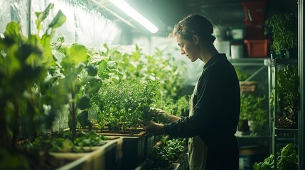 Poster - A greenhouse filled with a variety of organic herbs and vegetables, with the farmer inside, meticulously caring for each plant. The controlled environment allows for year-round cultivation 