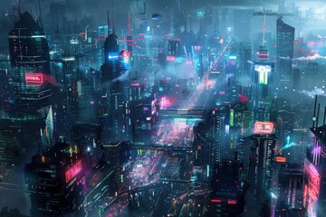 Wall Mural - a neon cityscape with a man in a backpack standing in the rain, generative ai image