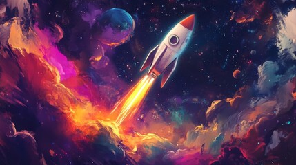 Aufkleber - A sleek rocket ascends through a brilliant array of colorful clouds, leaving a fiery trail as it journeys into the expanse of a starry cosmos filled with vibrant hues and celestial bodies.