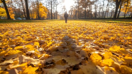 Wall Mural - A tall figure walks among vibrant yellow leaves, casting a long shadow on the ground as warm sunlight filters through surrounding trees on a crisp autumn day