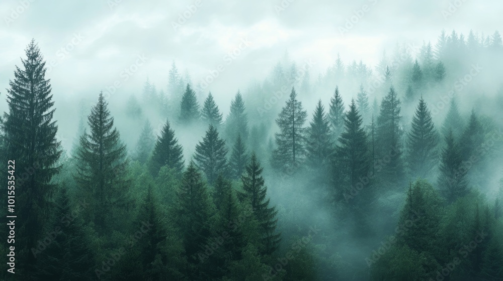 Misty pine forest offers a serene view, with towering trees shrouded in ...