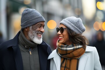 Wall Mural - Happy senior couple walking in the city at winter day. They are laughing and looking at each other.