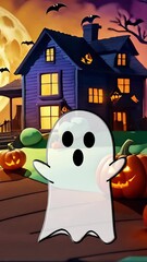 Wall Mural - vertical halloween house with jack o lanterns and ghost 4k loop features an a.i. generated video of 