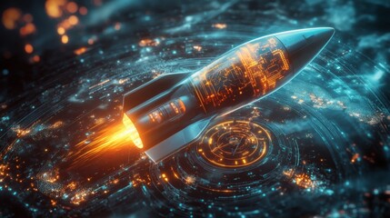 Aufkleber - A sleek rocket launches from a glowing data vortex, surrounded by swirling cosmic elements and bright energy trails. The scene depicts advanced technology in a vibrant, futuristic space setting.