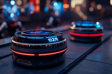 Futuristic depiction of AI robots collecting feedback from clients in real-time using voice-activated survey systems, with holographic displays