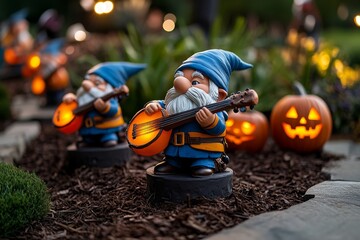 Gnome musicians playing enchanted instruments at a Halloween festival, filling the air with eerie but magical tunes, symbolizing the musical traditions of gnome culture during Halloween