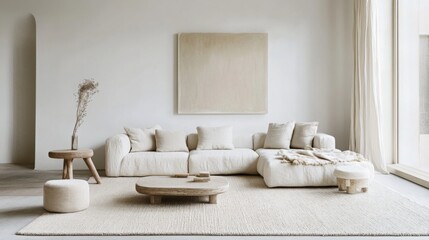 Wall Mural - A spacious living room showcases a modern minimalist design with a light color palette