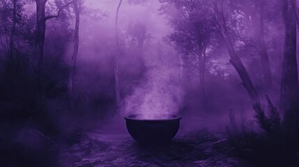 A mystical scene featuring a bubbling cauldron surrounded by purple mist in a dark forest, evoking a sense of magic and mystery.