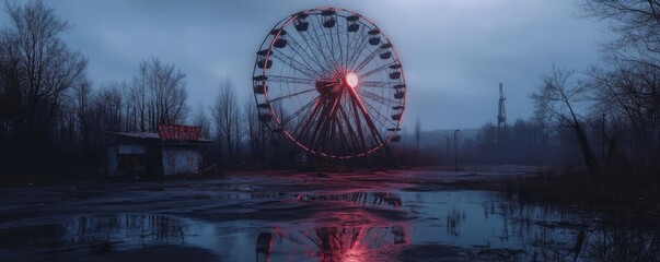 A hauntingly beautiful image of an abandoned ferris wheel in a desolate landscape, illuminated by eerie red light.