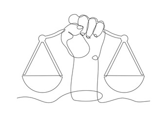 Continuous single line sketch drawing of hand holding gavel law balance and scale of justice equilibrium equality judgment. Libra icon one line vector illustration