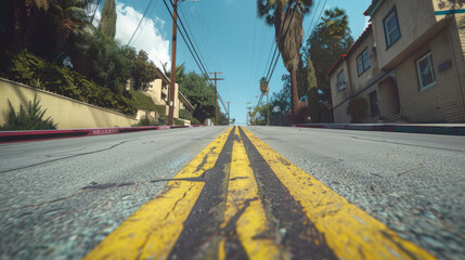 the perspective point of view  of the street in LA  close to the the street lane yellow line , blue sky background 