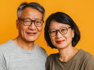 Wall Mural - older asian couple is standing in front of the plain orange background 