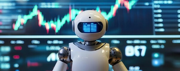 A futuristic robot stands in front of a digital financial chart, symbolizing the integration of technology in trading and finance.