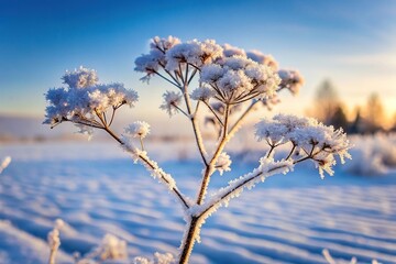 Frozen plant branch in snowy field during winter