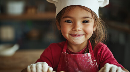 Canvas Print - little asian girl is making cake dressing like little chef 