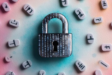 Watercolor depiction of a padlock surrounded by binary code, with soft hues symbolizing the protection of digital information