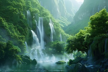 A lush green forest with a waterfall and a pond, generative ai image