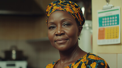 a close up head shot portrait of a middle age black african business woman with the ethic cloth 