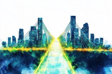 abstract bridge made of glowing lines connecting two futuristic cities, symbolizing business innovat