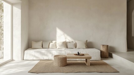 Poster - A serene living room features a light-colored sofa adorned with soft cushions, a wooden coffee table, and a woven rug, all illuminated by natural light streaming through large windows.