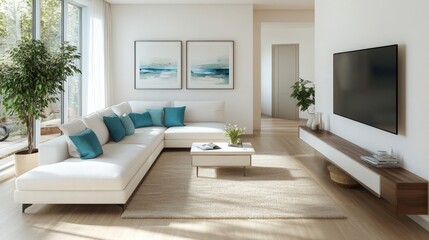 Poster - A bright and modern living room features a white sectional sofa adorned with turquoise cushions. Natural light floods the space, highlighting minimalist decor and a sleek entertainment unit.