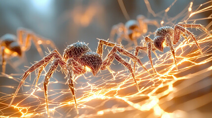 Crawling geometric spiders with sharp angular legs create intricate webs.