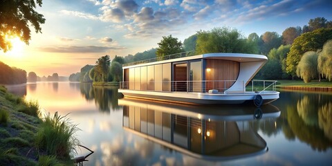 Futuristic houseboat on a peaceful river