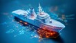 © khairulz - A digital rendering of a naval ship with technical overlays illustrating its design.