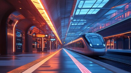 Aufkleber - Modern Train Station Interior with Neon Lighting