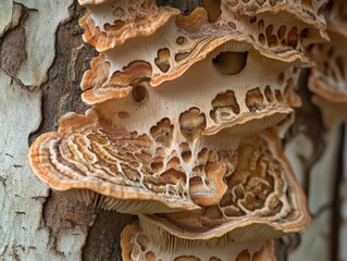 Sticker - A close-up of tree mushrooms, their intricate patterns and textures adding life to the bark