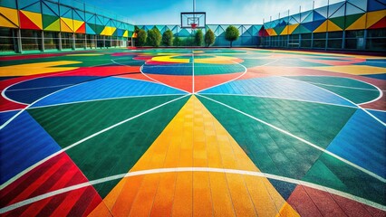 Geometric shapes and colors on basketball court low angle view