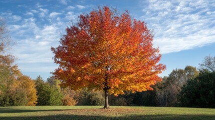 Canvas Print - A deciduous tree in autumn, its leaves a brilliant array of red, orange, and yellow, ready to fall