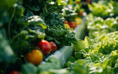 Wall Mural - a detailed view of vegetables growing in an aquaponic system, highlighting the innovative farming me