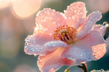 Poster - A dew-covered flower in the early morning light, with droplets shimmering on the petals