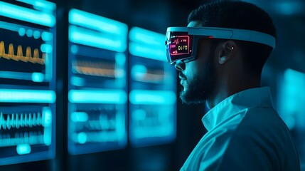 Man Wearing VR Headset Analyzing Data
