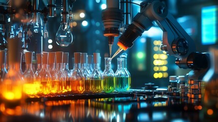 Poster - A robotic arm skillfully dispenses vibrant liquids into glass flasks in a modern laboratory