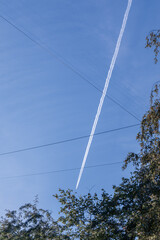 Treetops and power lines against a blue sky with a jet plane leaving a white contrail.