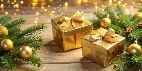 Wall Mural - Gift boxes in golden wrapping with Christmas tree in the background Aerial