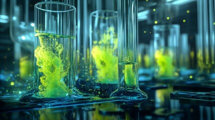 Poster - Bright green and yellow substances swirl in various laboratory glassware, illuminated by ambient light, creating a vibrant and dynamic atmosphere typical of a nighttime science experiment.