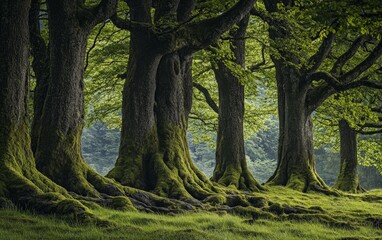 Sticker - A group of ancient trees in a serene forest, their trunks thick and covered in moss