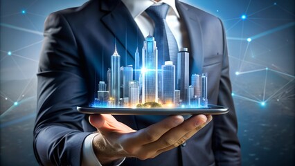 businessman holding tablet with holographic city coming out of screen, futuristic virtual screen