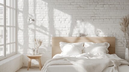 Poster - A cozy bedroom features a wooden bed adorned with fluffy white pillows and a soft blanket. Natural light fills the room, illuminating the white brick walls and creating a serene atmosphere.